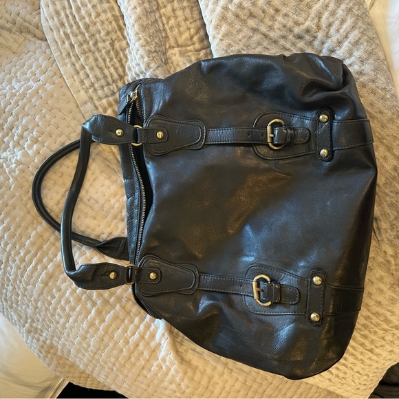 Sabina Black Leather Shoulder Bag with Slouchy Design - Picture 1 of 5